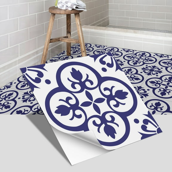 Zhuge imitation ceramic tile flooring, bathroom and bedroom floor decoration, thickened frosted wall sticker, waterproof self-adhesive wallpaper (blue, 4 pieces)