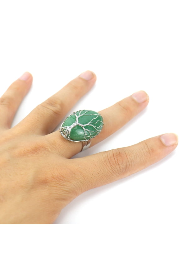 natural handmade ring, suitable for men and women to wear, hand wrapped oval natural stone life tree ring, adjustable opening ring (green)