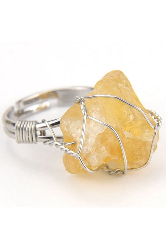 natural handmade ring, suitable for men and women to wear, personalized silver copper wire hand wrapped natural stone ring, adjustable ring for women (yellow)