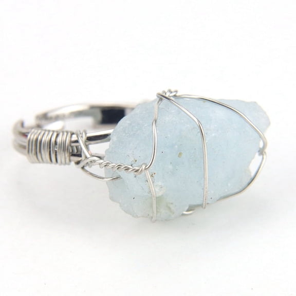 Zhuge natural handmade ring, suitable for men and women to wear, personalized silver copper wire hand wrapped natural stone ring, adjustable for women (light blue)