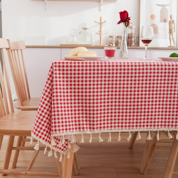 Zhuge red checkered Fresh Rustic Country Style Tablecloth, Tassel & Lace Trim Design, Ideal for Home Tea Tables & Decorative Use (260 * 140cm)