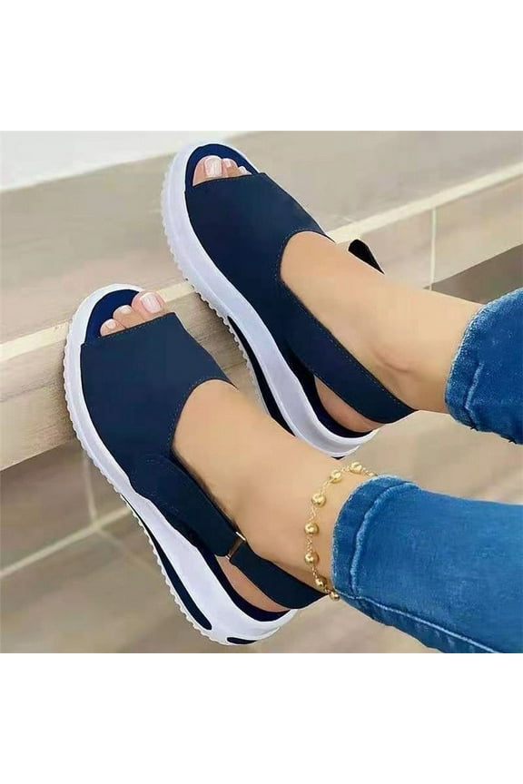 sandals summer women's thick-soled sandals wedge heel ankle buckle flip-flops orthopedic sandals (dark blue)