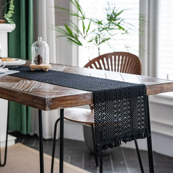 Zhuge table flag cotton linen splicing solid color woven tassel natural material table flag desktop decoration (black, 140 * 30cm)
