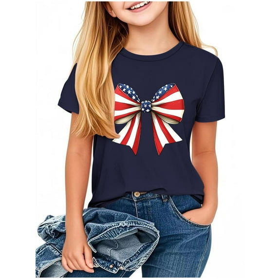 ZhuoLiL 2T Clothes for Girls Girls' Patriotic Bow Print T-Shirt - Loose Fit Short Sleeve