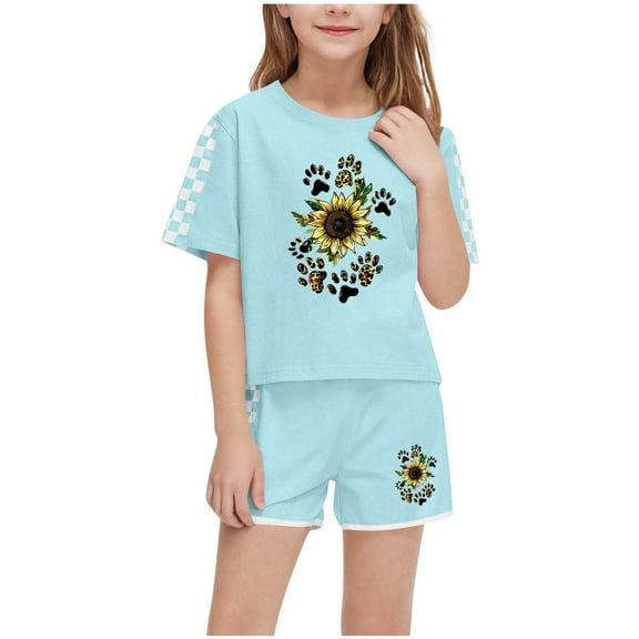 ZhuoLiL Clothes Sets for Girls 10 And 12 Fashion Boy And Girls' Casual Short Sleeve Round Neck Collar Botton Printed Short Pants Sets(5-14Y)