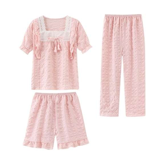 ZhuoLiL Girls Pajamas Size 7-8 Children's Summer Solid Color Pajamas Home Casual Comfortable Soft Set Three Piece Set For Kids(3Years-16Years)