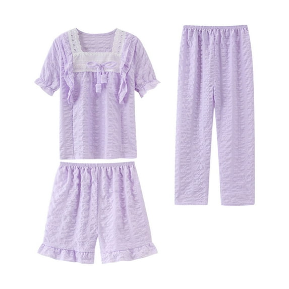 ZhuoLiL Girls Pajamas Size 7-8 Short Sleeve Children's Summer Solid Color Pajamas Home Casual Comfortable Soft Set Three Piece Set For Kids(3Years-16Years)