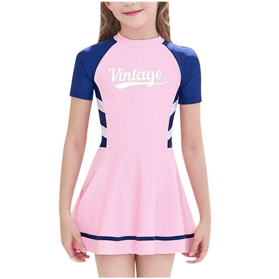 ZhuoLiL Girls Swim Dress 13 Years Children's And Girls' Color Blocked Swimsuit Fashionable And Stylish Short Sleeved Zipper Swimming Skirt Cute And Sweet Swimming Skirt （7-14 years）