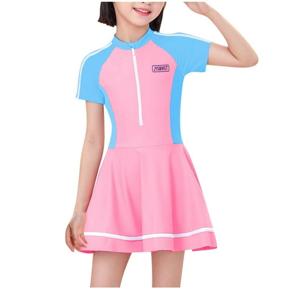 ZhuoLiL Girls Swimwear&nbsp;Size 8 Children's And Girls' Color Blocked Swimsuit Fashionable And Stylish Short Sleeved Zipper Swimming Skirt Cute And Sweet Swimming Skirt （7-14 years）