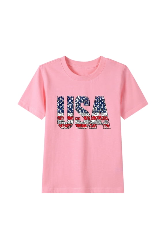 Girls Tops 10-12 Trandy Boys' and girls' Patriotic Graphic T-Shirt (2-15Y) - Short Sleeve Round Neck Summer Tee