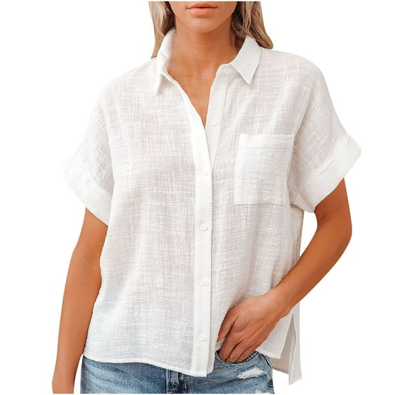 ZhuoLiL Womens Button Down Shirt Short Sleeve Ladies Solid Color Cotton And Linen Shirt Short Sleeve Lapel Button
