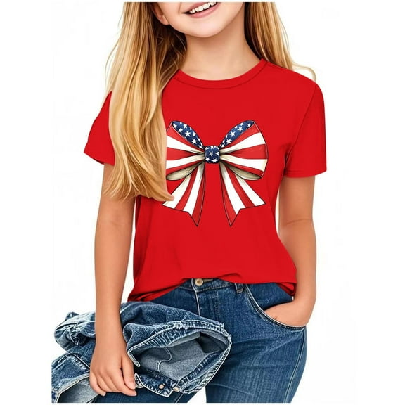ZhuoLiL Shirts for Girls 7-8 Girls' Patriotic Bow Print T-Shirt - Loose Fit Short Sleeve