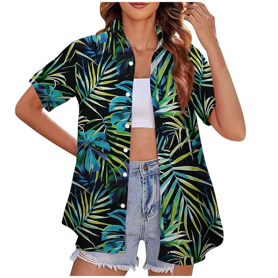 MuZeFu Summer Savings!women short sleeve button front blouse Womens Hawaiian Shirts Button Up Casual Shirt Summer Beach Shirt Cool Short Sleeve Blouse