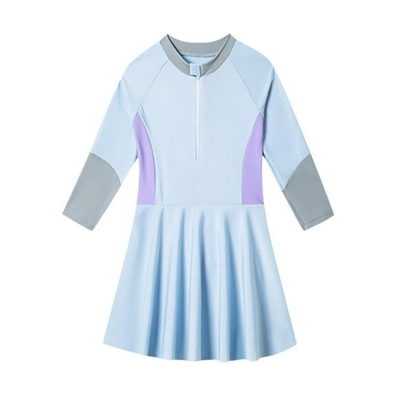 ZhuoLiL Swim Dress for Toddler Girls 2T Fashionable Girls' Solid Color Patchwork Long Sleeved Half Zipper Skirt Style One - Piece Swimsuit （2-8Y）