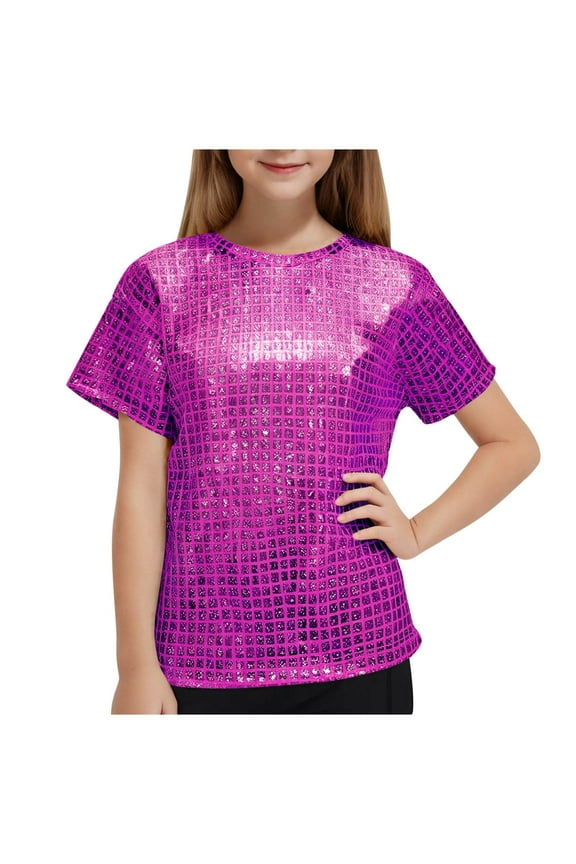 T Shirts for Toddlers 3T Children's Performance Outfit Sequin Short Sleeved T-shirt Round Neck Elastic