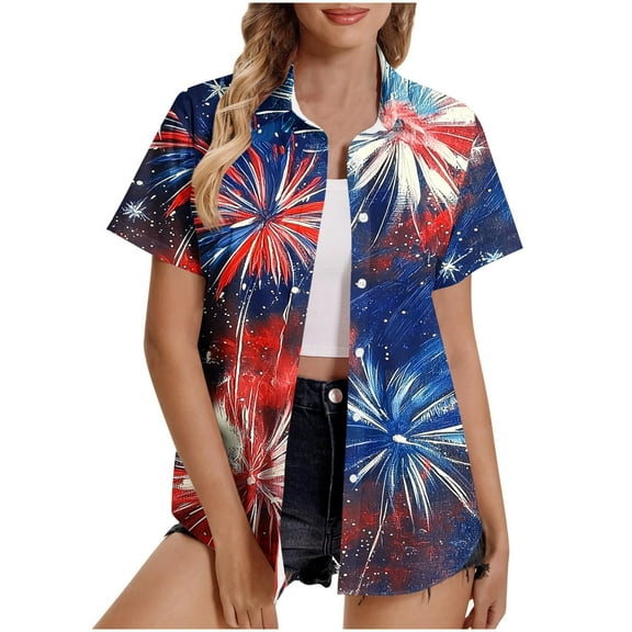 ZhuoLiL Women's 4th of July Patriotic Shirt - Short Sleeve Lapel Button Up with Buttons