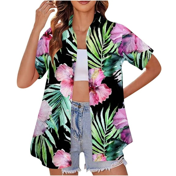 ZhuoLiL Women's V Neck Loose Casual Short Sleeve Women's Hawaii Beach Short Sleeved Shirt