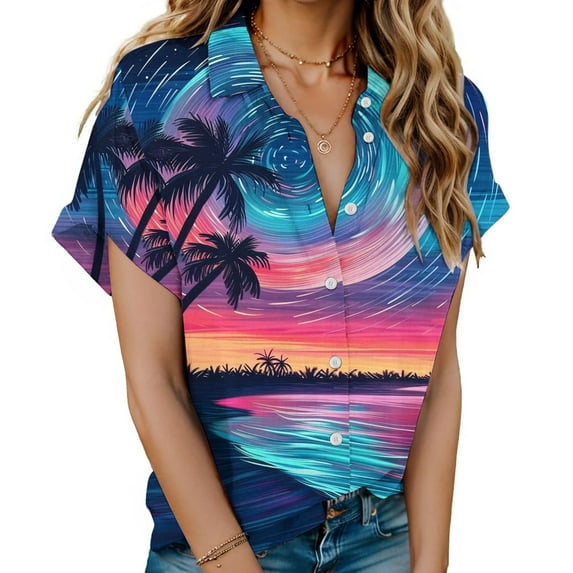 MuZeFu Women's V Neck Loose Casual Short Sleeve Women's Hawaiian Shirt Printed Round Neck Short Sleeved T-shirt Top Short Sleeved Lapel Top/shirt
