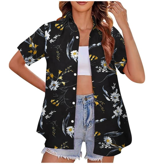 MuZeFu button up shirts for women short sleeve Womens Hawaiian Shirts Button Up Casual Shirt Summer Beach Shirt Cool Short Sleeve Blouse
