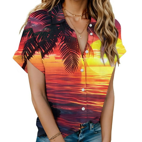MuZeFu womens tops short sleeve summer Women's Hawaiian Shirt Printed Round Neck Short Sleeved T-shirt Top Short Sleeved Lapel Top/shirt