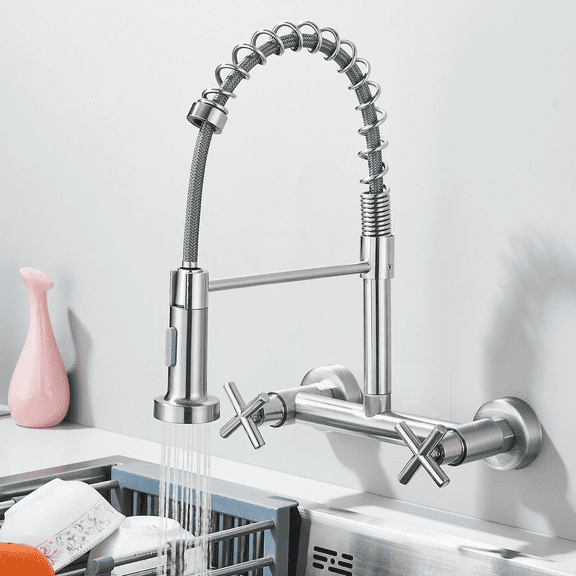 Zhuomixer Wall Mount Kitchen Faucet, 2 Handle Brushed nickle Kitchen Sink Faucet with Pull Down Sprayer, 8 Inch for Kitchen, Laundry, Restaurant