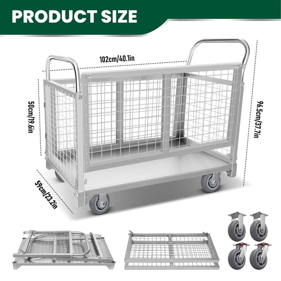 Zhuotong 2200LBS 4-in-1 Wire Mesh Cage Cart, Heavy-Duty Rolling Utility Cart with 360 Wheels for Warehouse, Garage & Moving