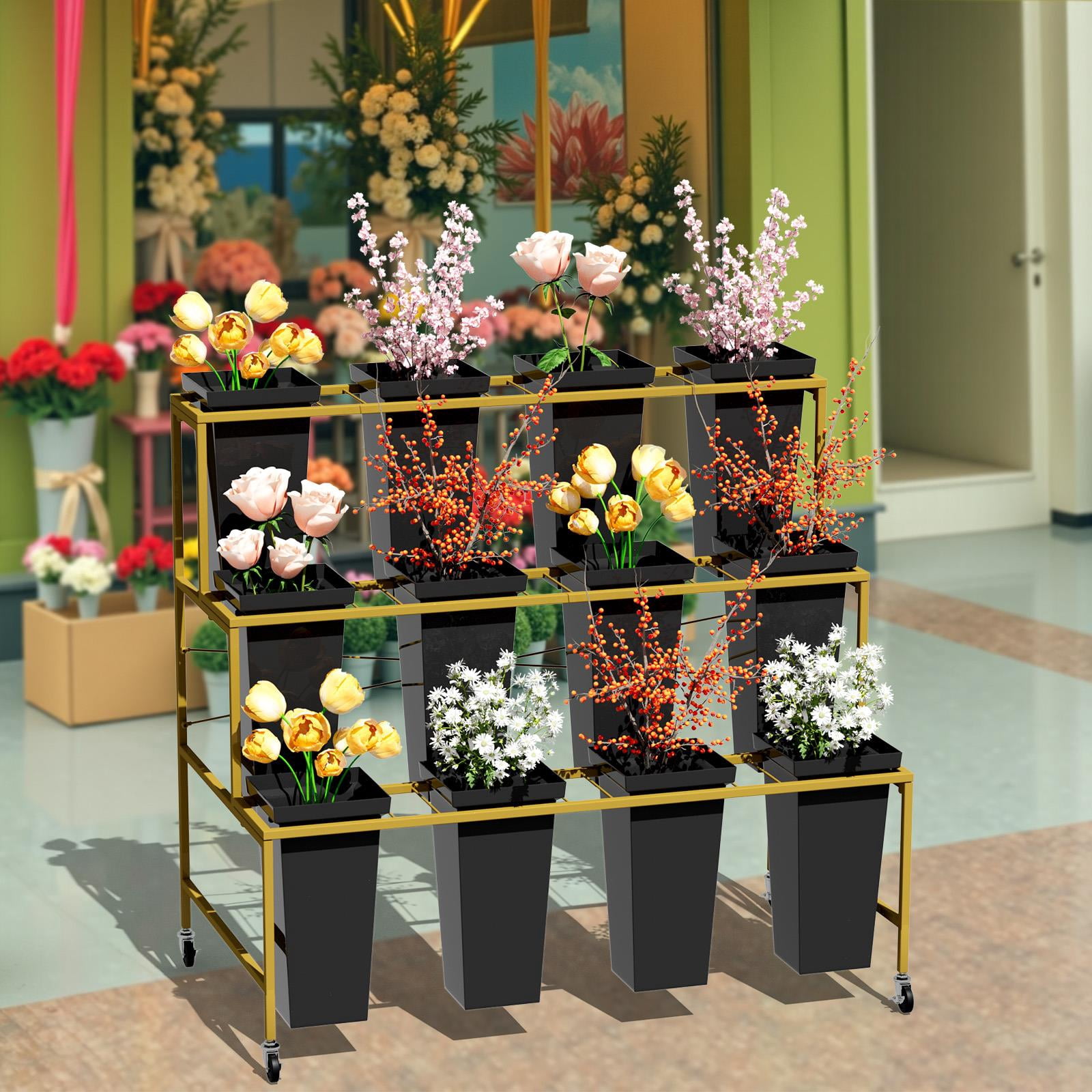 Large Metal Flower Racks Zhuotong Heavy Duty 3-Tier Rolling Flower Display Rack, Metal Plant ...