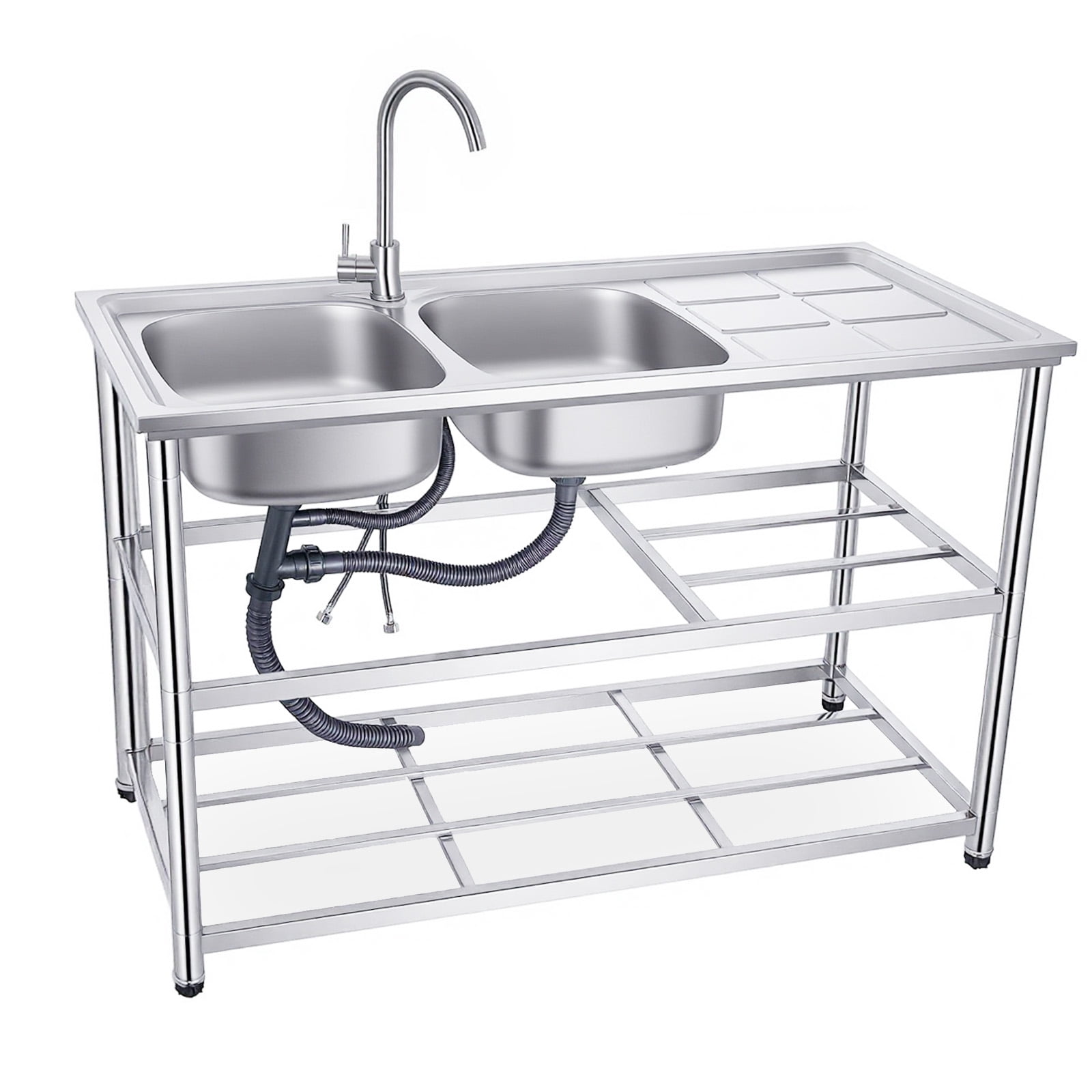 Zhuotong47.2 Inch Heavy-Duty Double Bowl Sink Station, Free-Standing Stainless Steel Utility Sink with Worktop, Lower Storage Shelf and Faucet, for Kitchen, Restaurant, Laundry & Outdoor Use