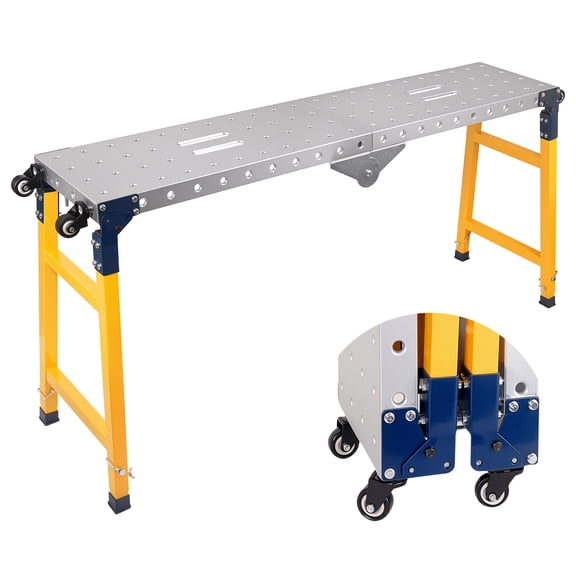 ZhuotongAdjustable Height Scaffolding Workbench, 65in Foldable Steel Work Platform with 29-48in 5-Level Height Adjustment, Anti-Slip Heavy Duty Scaffold with Wheels for Construction & Painting