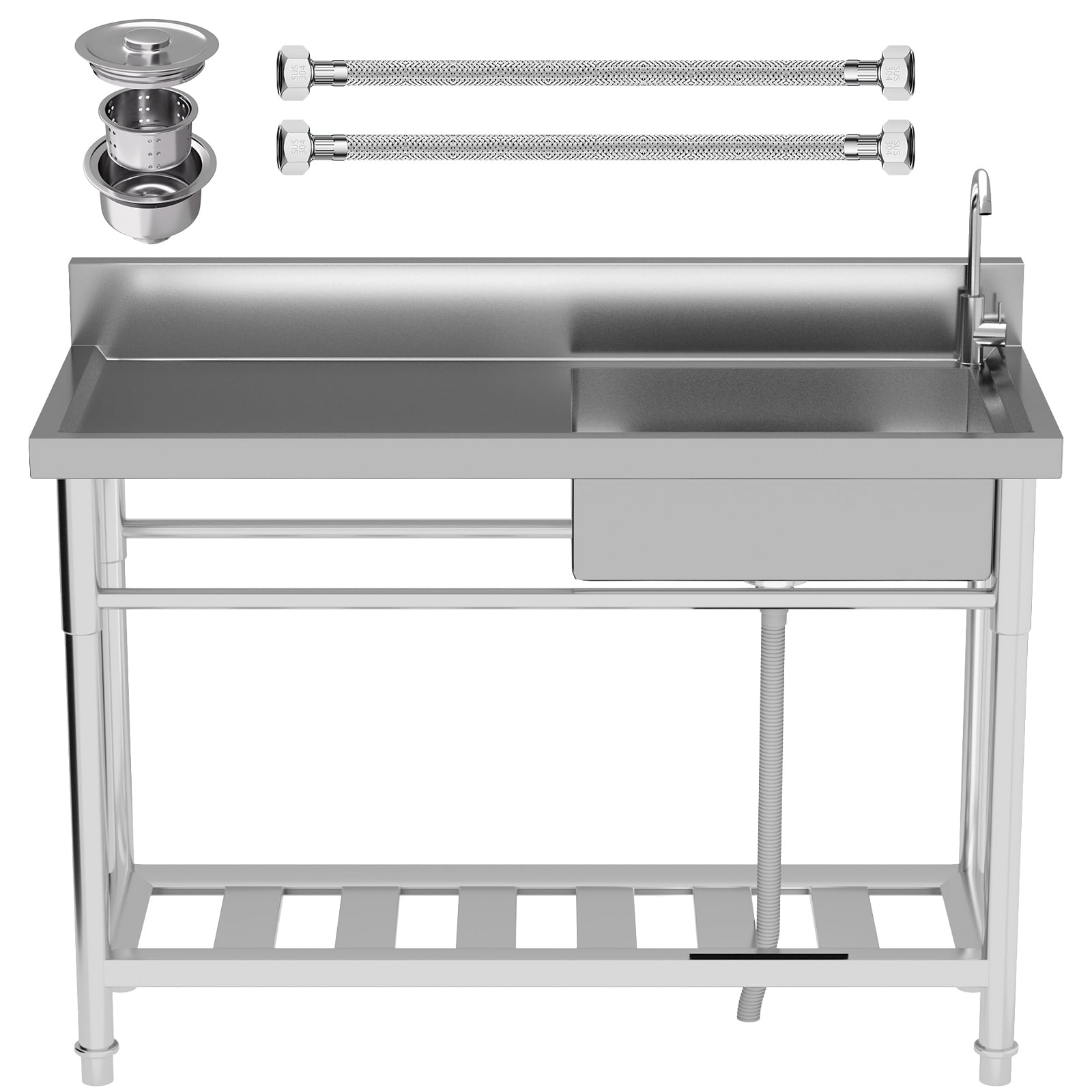 ZhuotongHeavy-Duty 3-Compartment Stainless Steel Sink, 51 Inch Commercial Free Standing with Backsplash, Drain Strainers & Adjustable Feet, 550 LBS Capacity, for Restaurant, Kitchen & Backyard