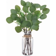 Zhuqing Artificial Eucalyptus Stems in Glass Vase with Faux Water, 14" Fake Plant Eucalyptus Leaves for Home Bathroom Office Farmhouse Wedding Centerpiece DecorationWhite Green