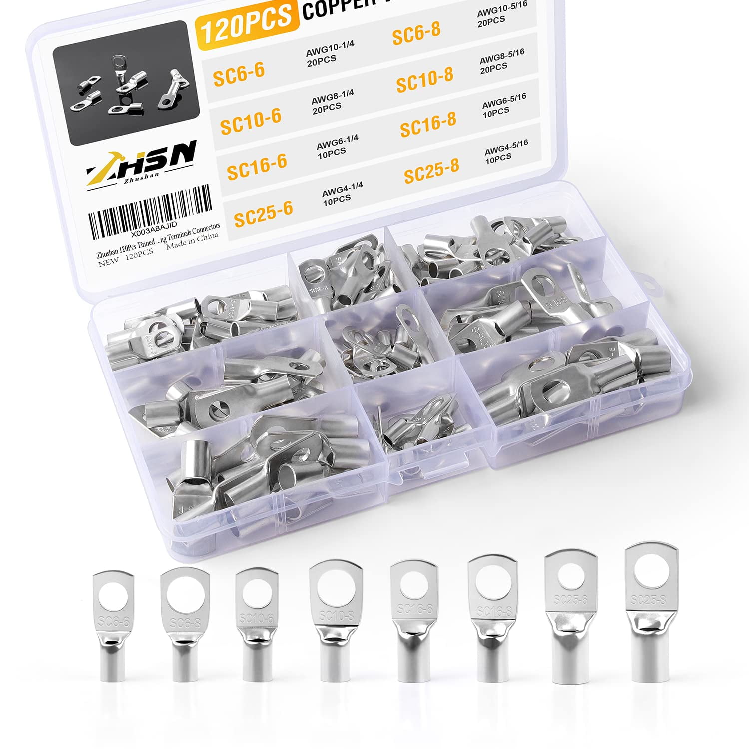 Zhushan 120Pcs Tinned Copper Wire Lugs Kit, Heavy Duty Wire Battery