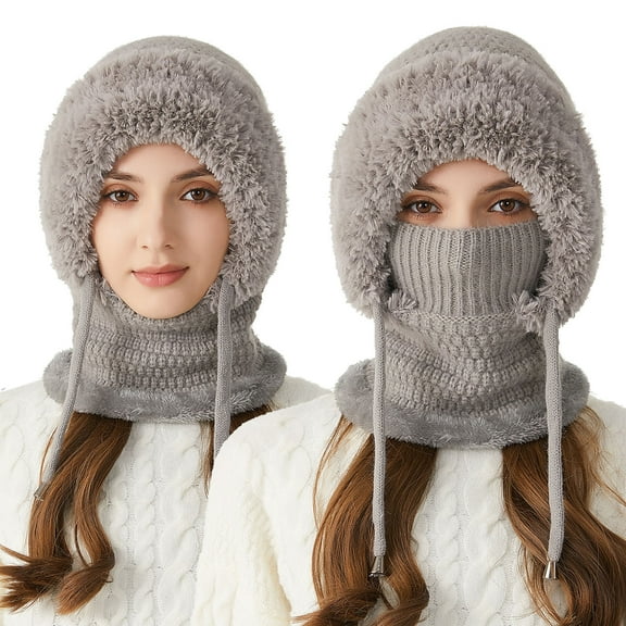3 in 1 Beanie Hat with Scarf and Mask, Upgraded 3-in-1 Beanie Hat for Women, Fleece Lined Winter Hat, Knit windproof Warmth Balaclava for Women B-Gray