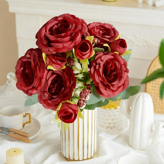 ZhyrZng 5 Heads Artificial Rose Bouquet - Realistic Silk Fake Flower Bush for Wedding Home Office Decoration & Valentine's Day Floral Arrangement featuring Long Stalk