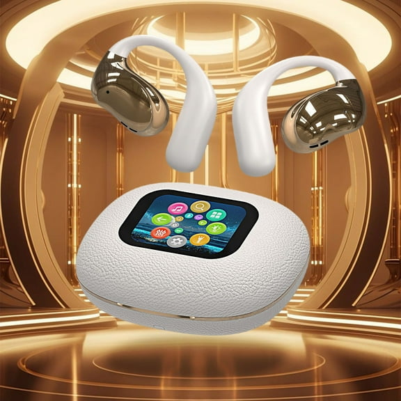 ZhyrZng Bluetooth Headset, LCD Full-Color Touch Smart Screen Rich Functions Always Control Open Bluetooth Headset Light Luxury Leather Texture Ultra-Long Battery Life (Beige)