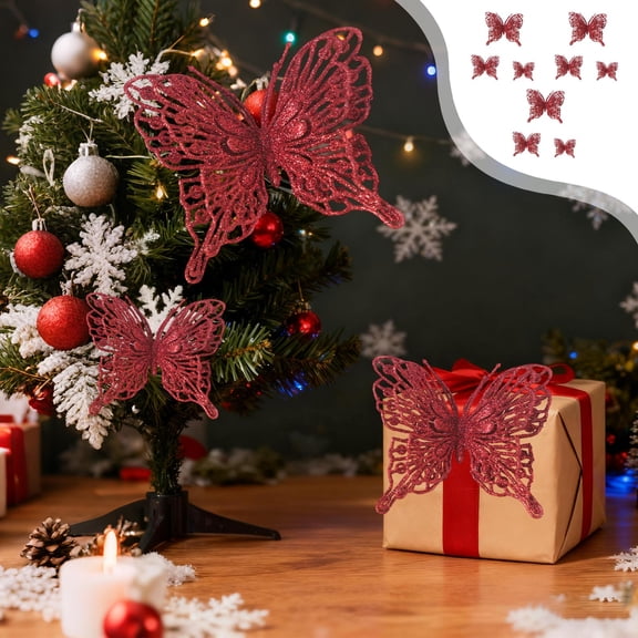 ZhyrZng Christmas Tree Butterfly Ornaments,3D Glitter Hollow Butterfly Decorations Xmas Butterflies Wall Hanging Decor with Stems for Christmas Tree and Holiday Crafts, 9Pcs