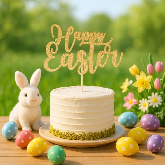 ZhyrZng Gold Cake Topper Happy Easter Sign | Glitter Finish & Food Safe for Holiday Dessert, 5.9x4.1 Inch Paper Cupcake Pick for Party Decoration DIY Baking Accessory Table Centerpiece