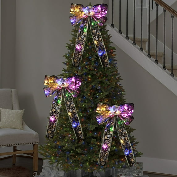 ZhyrZng Light up Christmas Tree Topper Bow, Printed with Star Pattern Christmas Bows with Gold Silver Edge for Holiday Xmas Tree Gift Wrapping Decorations(No LED Lights!!!)