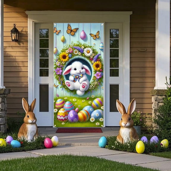 ZhyrZng Reusable Easter Door Banner - 180x90cm Holiday Backdrop featuring Cute Rabbit Design for Front Door Wall Garden Party Decoration & Photography Background Nylon Spandex