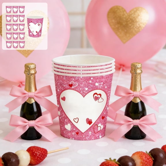 ZhyrZng Romantic Glitter Heart Theme Party Tableware - Disposable Paper Plates Napkins Cups Set 16 Guests featuring Pink Sweet Design, Festive Valentine Holiday Supplies