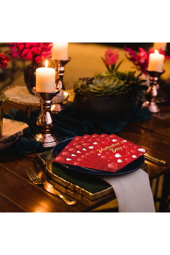 Valentines Day Tableware Set - 20Pcs Paper Plates Cups Napkins Tablecloth featuring Red Heart Pattern for Wedding Anniversary Engagement Party Dinner Decoration Supply