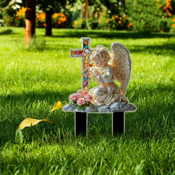 ZhyrZng Waterproof Decorative Cross Garden Stake, Two Dimensional Yard Sign Flat Decor featuring Angel And Cross Design With Transparent Acrylic Material For Outdoor Lawn Collection