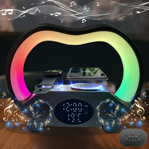 ZiShen Night Light With RGB Lights, 6-in-1 Wireless Speaker, Alarm Clock, Wireless Charging For Phone & Watch, Temperature Display, Ideal For Bedroom And Teen Gifts