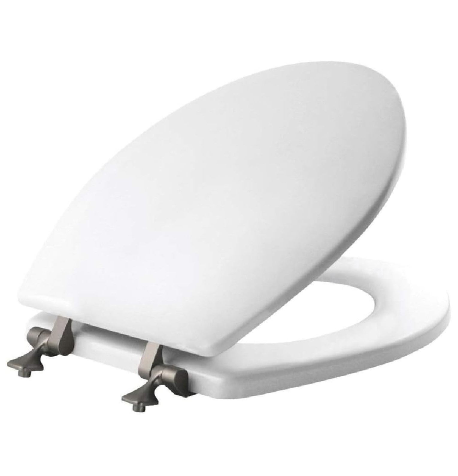 Elongated White Gloss Enameled Wood Toilet Seat with Plastic Hinges