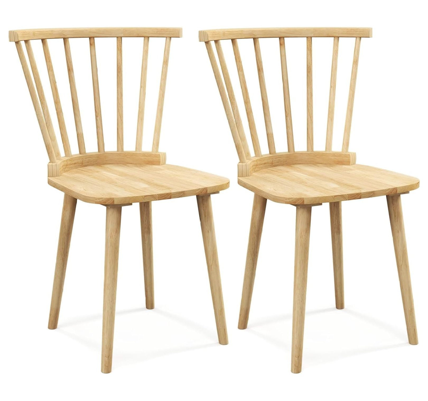 Natural Rubber Wood Windsor Dining Chairs with Spindle Back, Set of 2