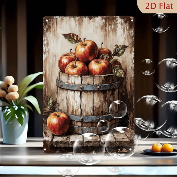 Zialku Rustic Red Apples in Wooden Barrel 8x12 Inches Metal Wall Art, Vintage Painterly Still Life with Weathered Wood and Glossy Fruit, Distressed Beige Background Decorative Tin Sign for Kitchen Fa