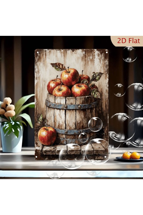 Zialku Rustic Red Apples in Wooden Barrel 8x12 Inches Metal Wall Art, Vintage Painterly Still Life with Weathered Wood and Glossy Fruit, Distressed Beige Background Decorative Tin Sign for Kitchen Fa