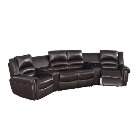Benzara Zib Leather Power Reclining Sectional Sofa Set with USB Port in Brown