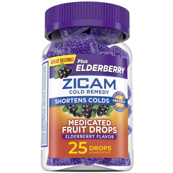 Zicam Cold Remedy Zinc Medicated Fruit Drops, Elderberry Homeopathic Cold Shortening Medicine, 25 Ct