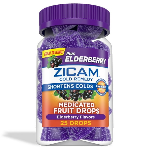 Zicam Cold Remedy Zinc Medicated Fruit Drops, Elderberry Homeopathic Cold Shortening Medicine, 25 Ct